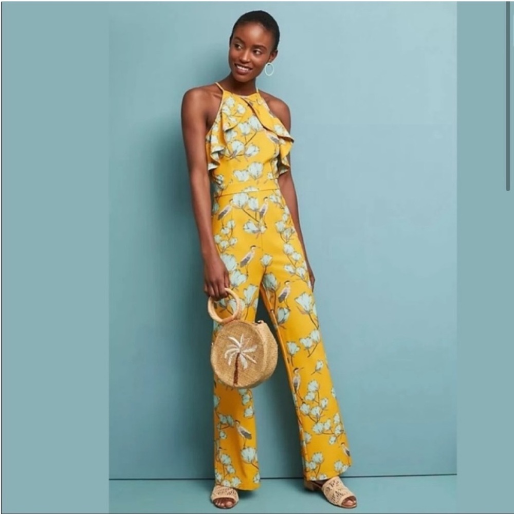 Anthropologie Varunbahl - Yellow Floral Halter Jumpsuit - Wide Leg Ruffle